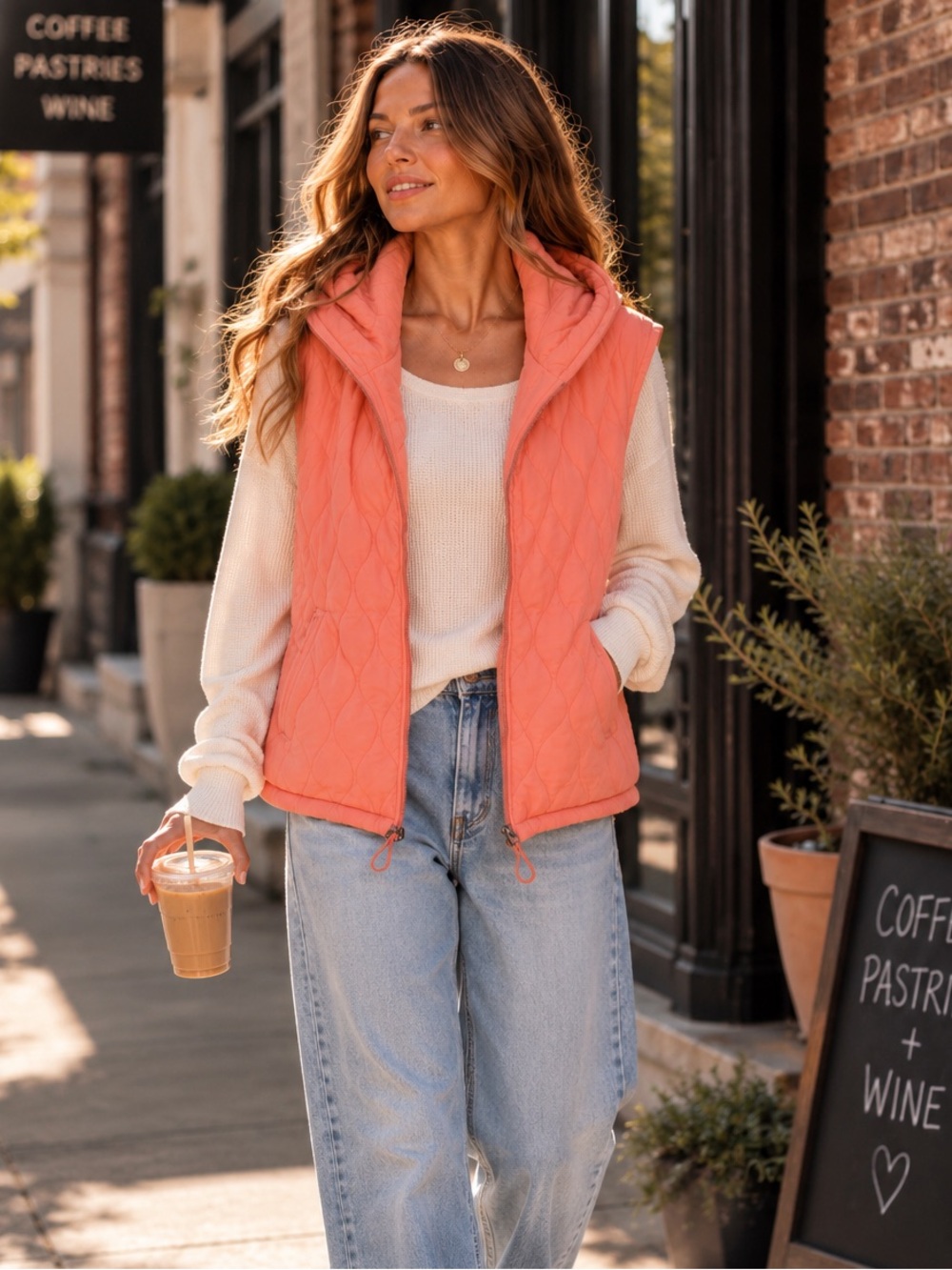 Free People Movement Dream Big Quilted Hooded Vest Cole Peach XS Oversized